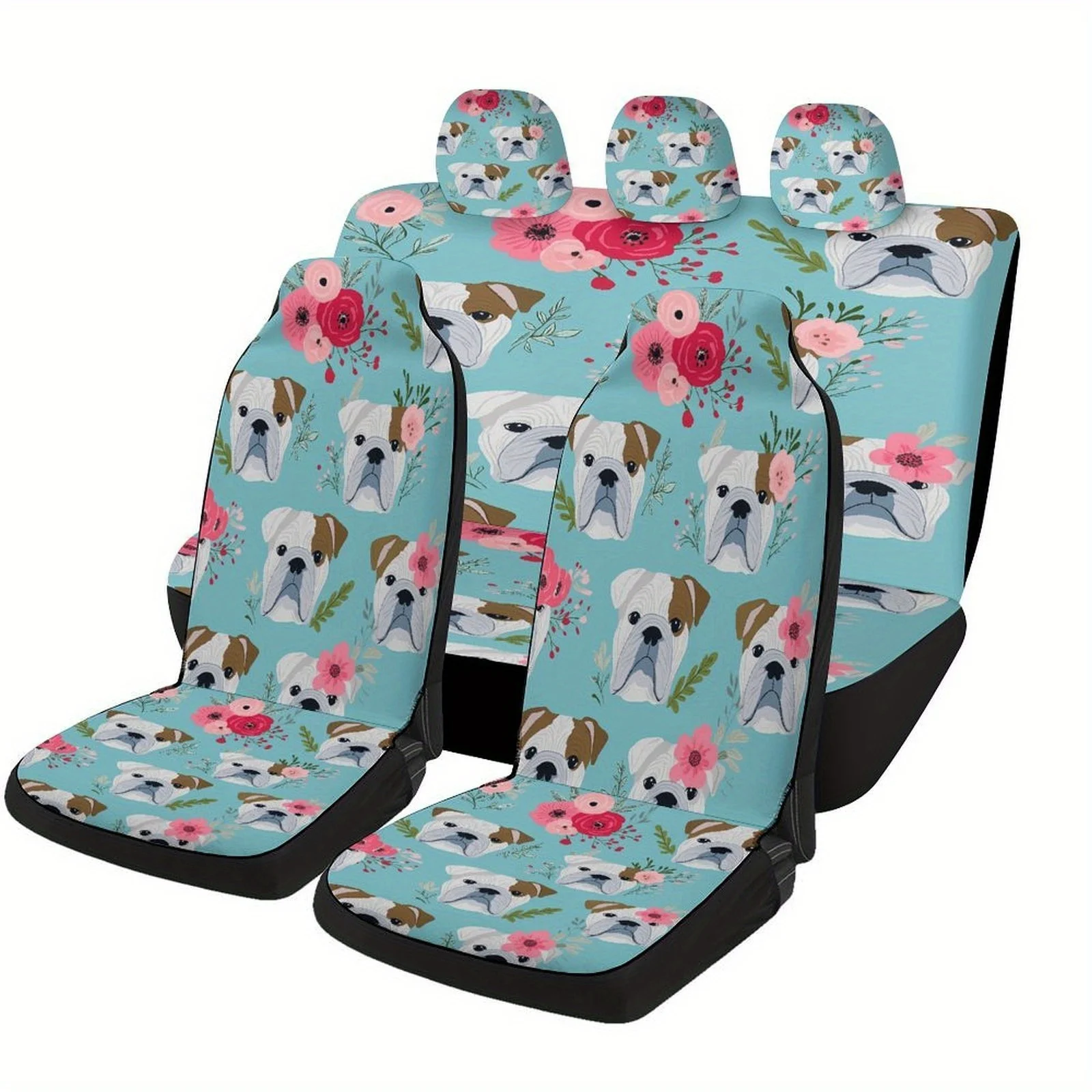 Set Of Bulldog Floral Pattern Car Seat Covers Suitable For Various Vehicles, Stylish And Cozy Covers For Car Seats, Complete Set
