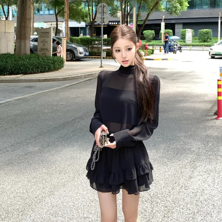 

Ele Beau Bla шифоновая длинная свековая и кружевная юбка, женский модный комплект, осенний новый сексуальный женский наряд