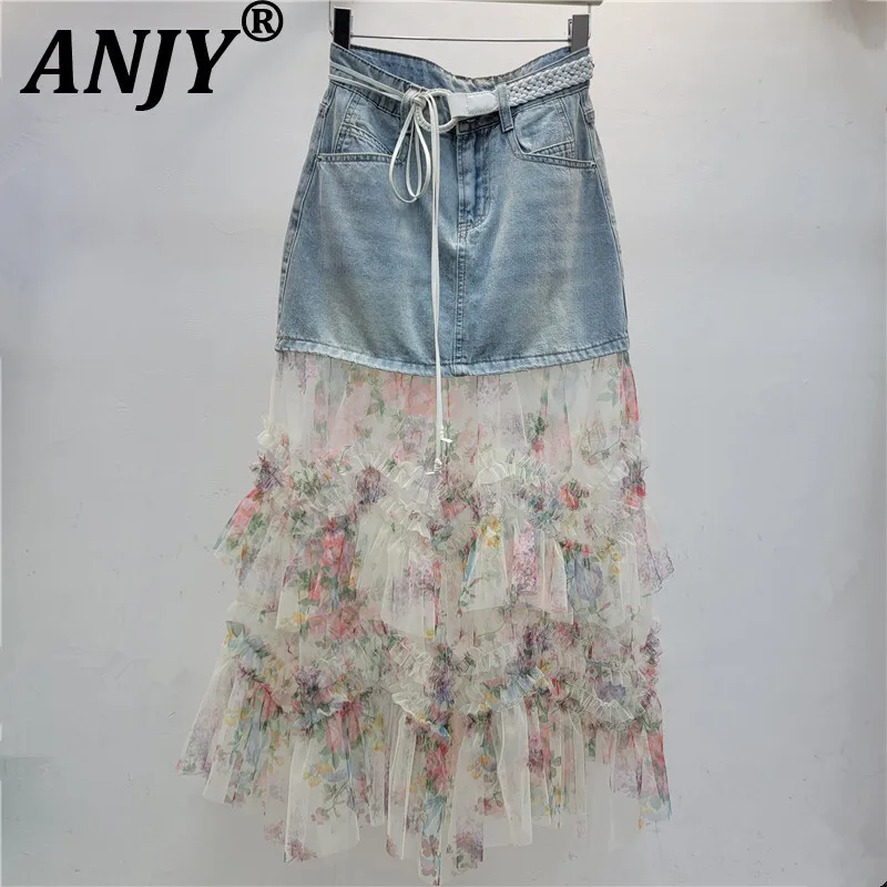 

ANJY Summer New Women Chic High Street Sweet Fashion Versatile Denim Spliced Mesh Floral Draped Casual Trendy A-line Skirt A7673