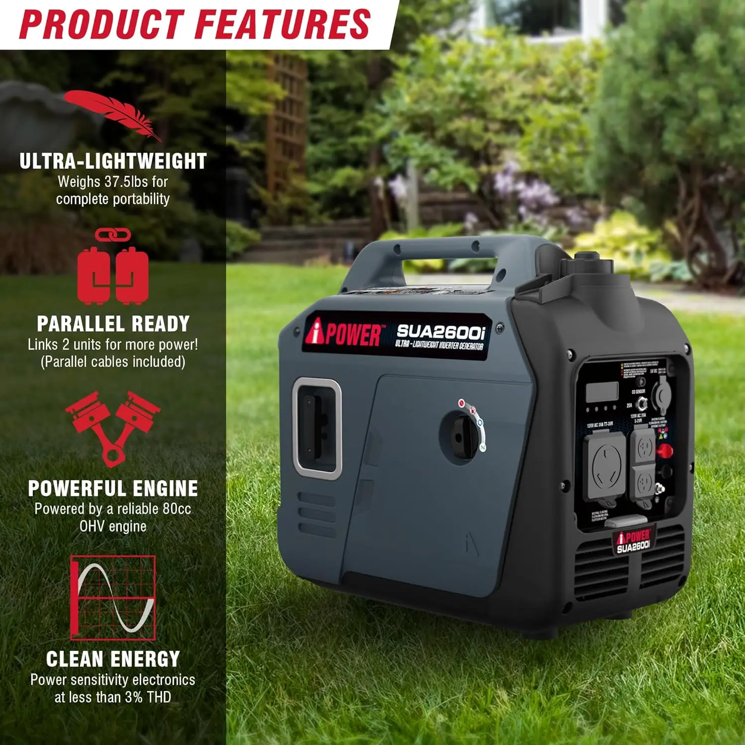 مولد عاكس محمول هادئ وقود مزدوج 7600 وات، بدء تشغيل كهربائي RV جاهز، مستشعر CO متوافق مع EPA و CARB، مع مقبض تلسكوبي