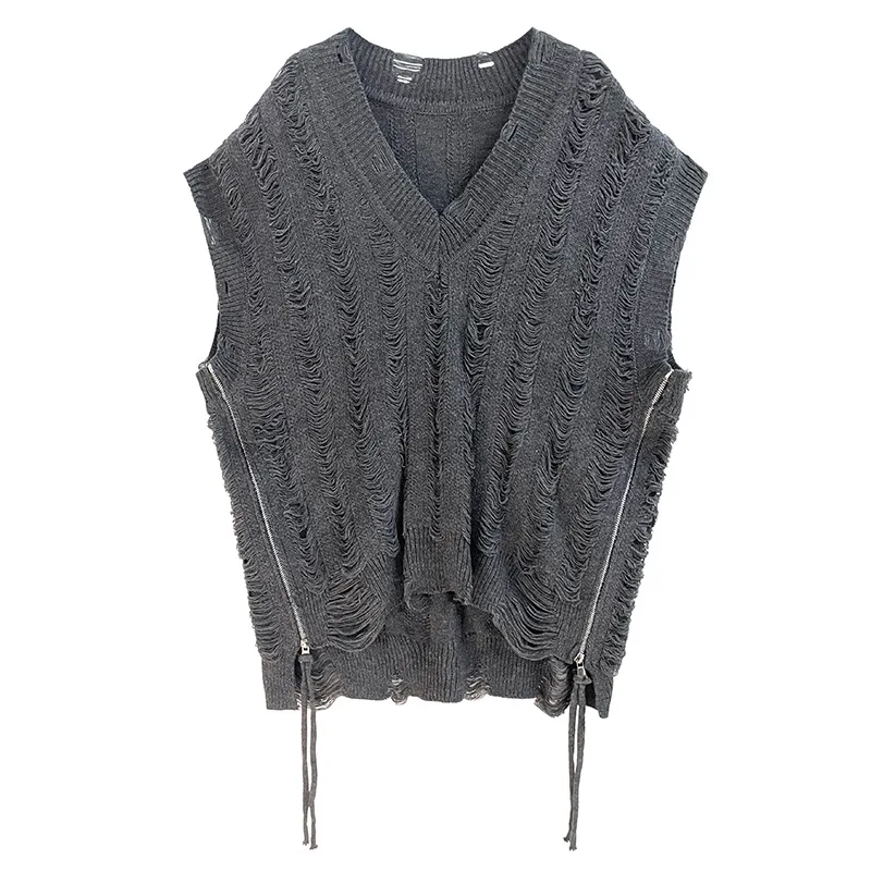 Retro Hong Kong Style Zipper Ripped V-neck Knitted Vest 2024 Autumn/winter New Loose and Fashionable Top Tanks&camis