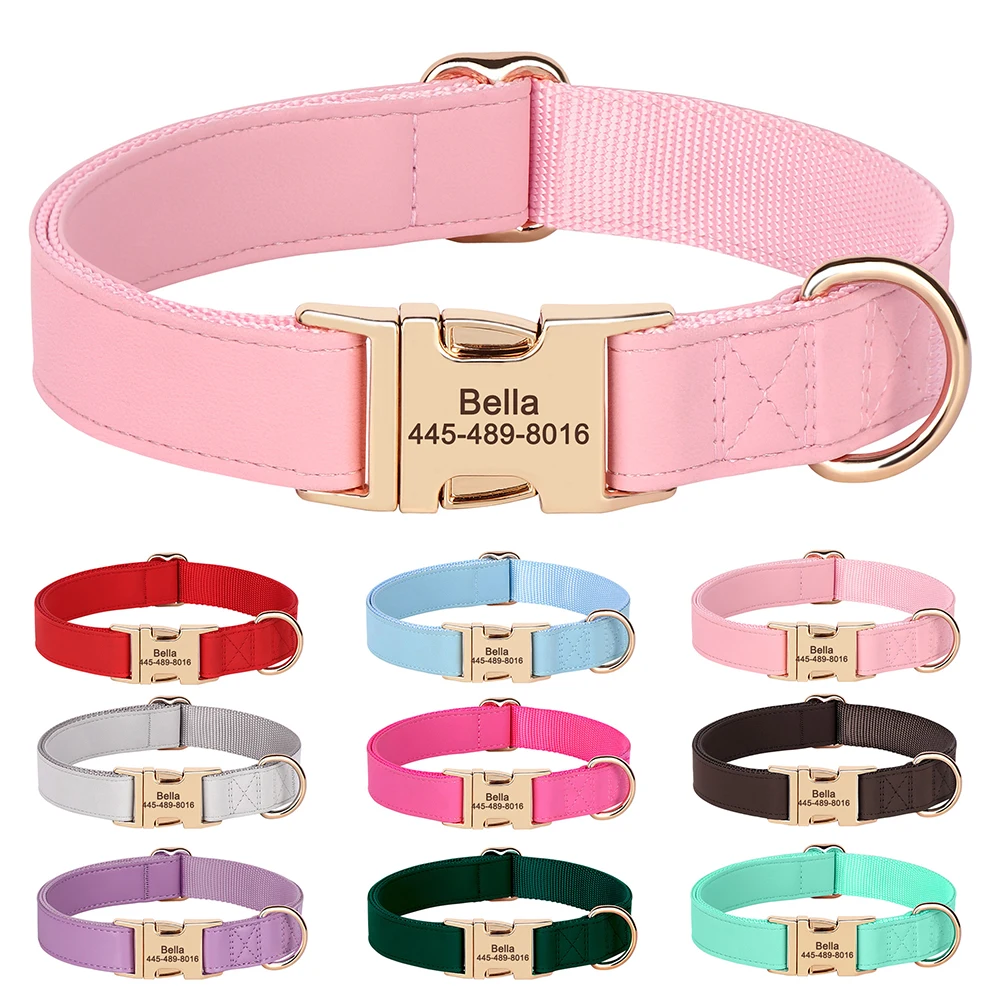 Collier de chien en cuir PU personnalisé, colliers pour animaux de compagnie gravés gratuitement, collier avec nom d'identification personnalisé pour petits, moyens et grands chiens, 9 couleurs
