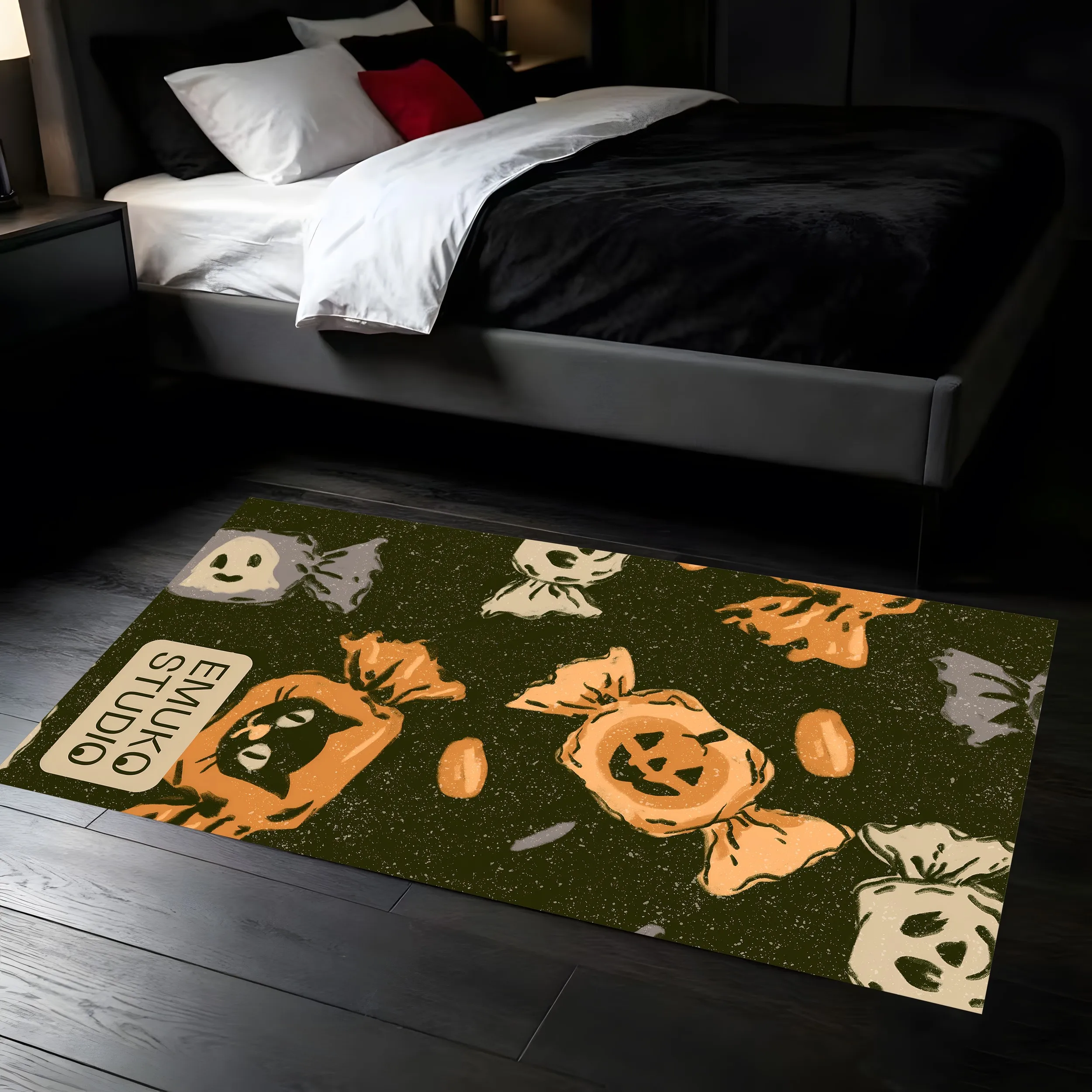 Velvet Halloween Ghost Face Candy Pattern Emuko Unique Playful 2D Rug, Suitable for Living Room, Bedroom, and Bedside, Perfect for Autumn and Winter Halloween