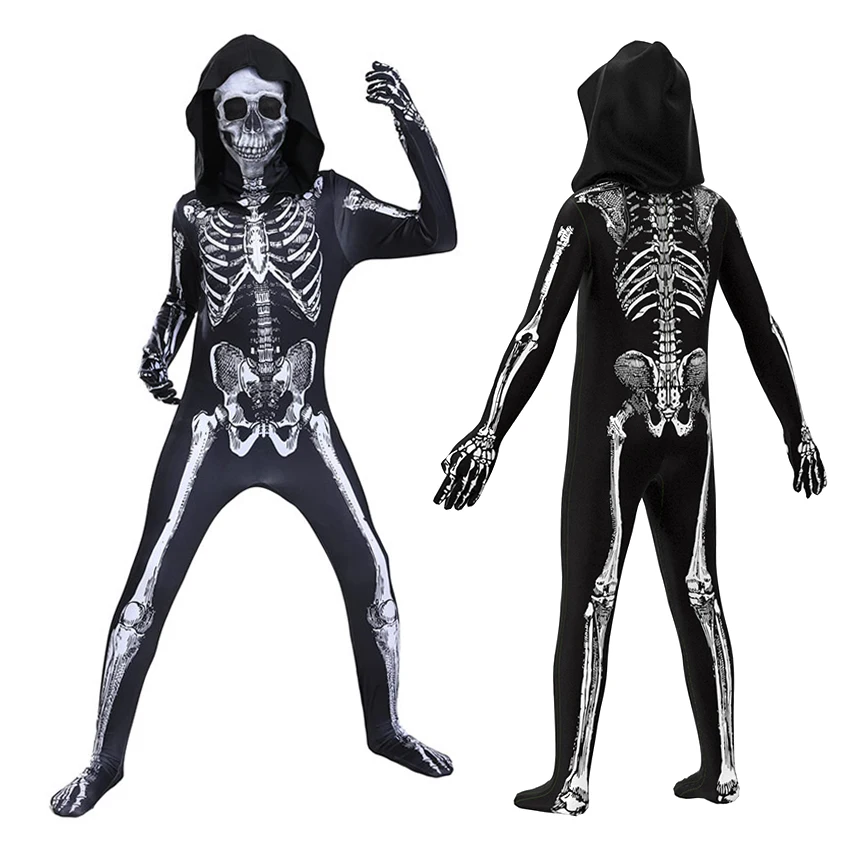 Skull Cosplay Skeleton Jumpsuit Mask Cloak Zombie Halloween Costume for Kid Vampire Fantasy Dress Carnival Disguise Suits