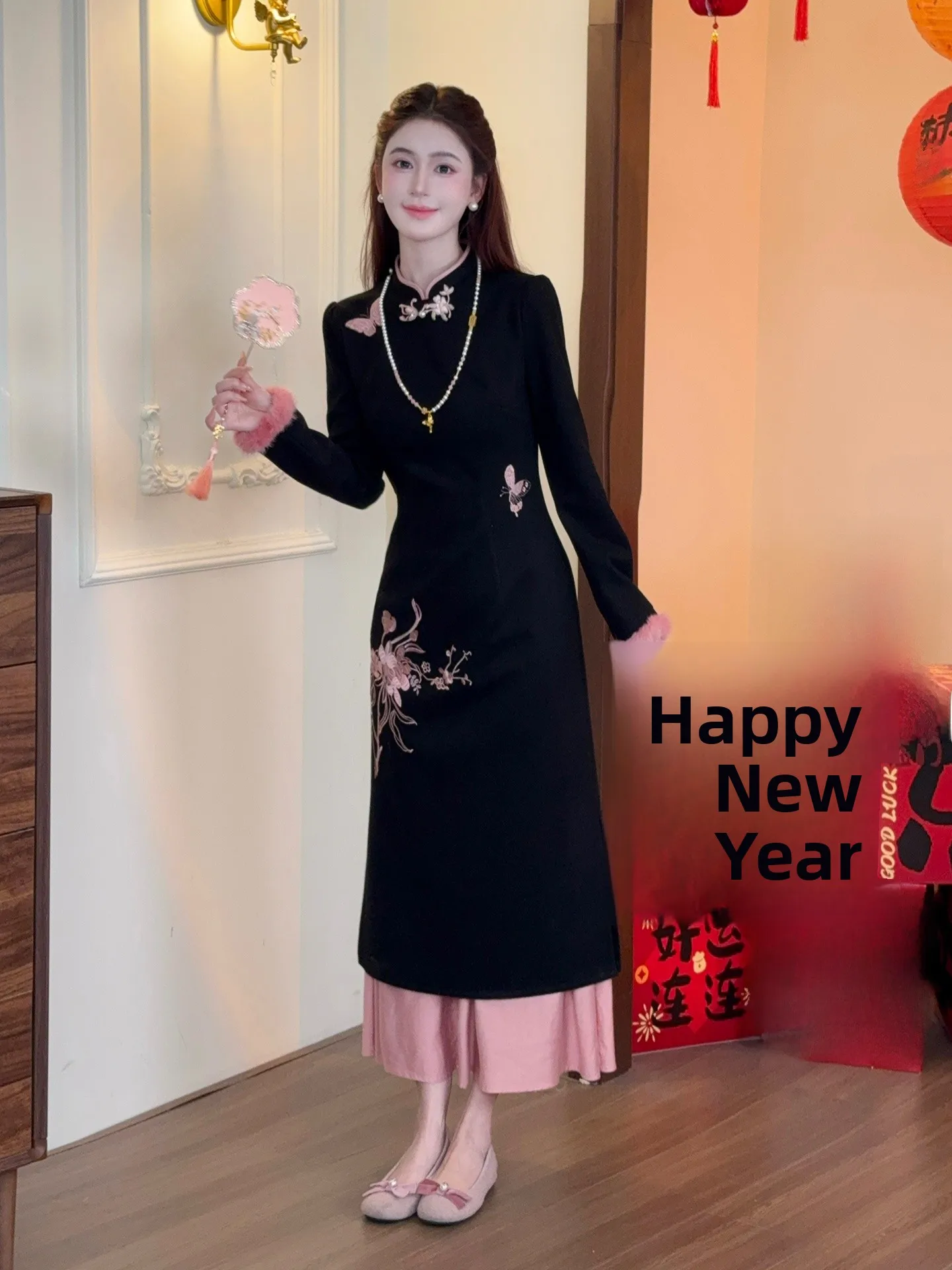 

New Chinese Sle Embroidered Qipao Dr Bla Floral Stitching Color Colion High Waist A-Line Skirt for Women