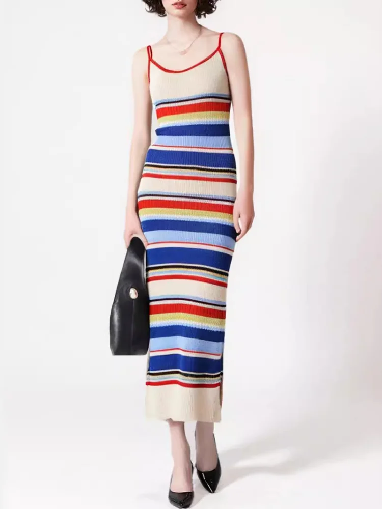 

Striped Knitted Bodycon Dress Clashing Colors Rainbow Vacation Dress Colorful Border Cami Sunress Summer Woman Clothing