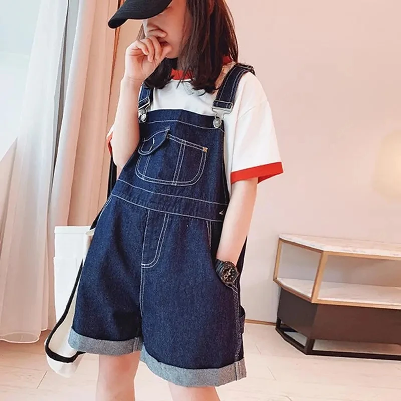 Summer New Girls\' Loose Denim Overalls Girls Age-reducing Overalls Shorts Middle Big Children Korean Style Foreign Flavor Shorts