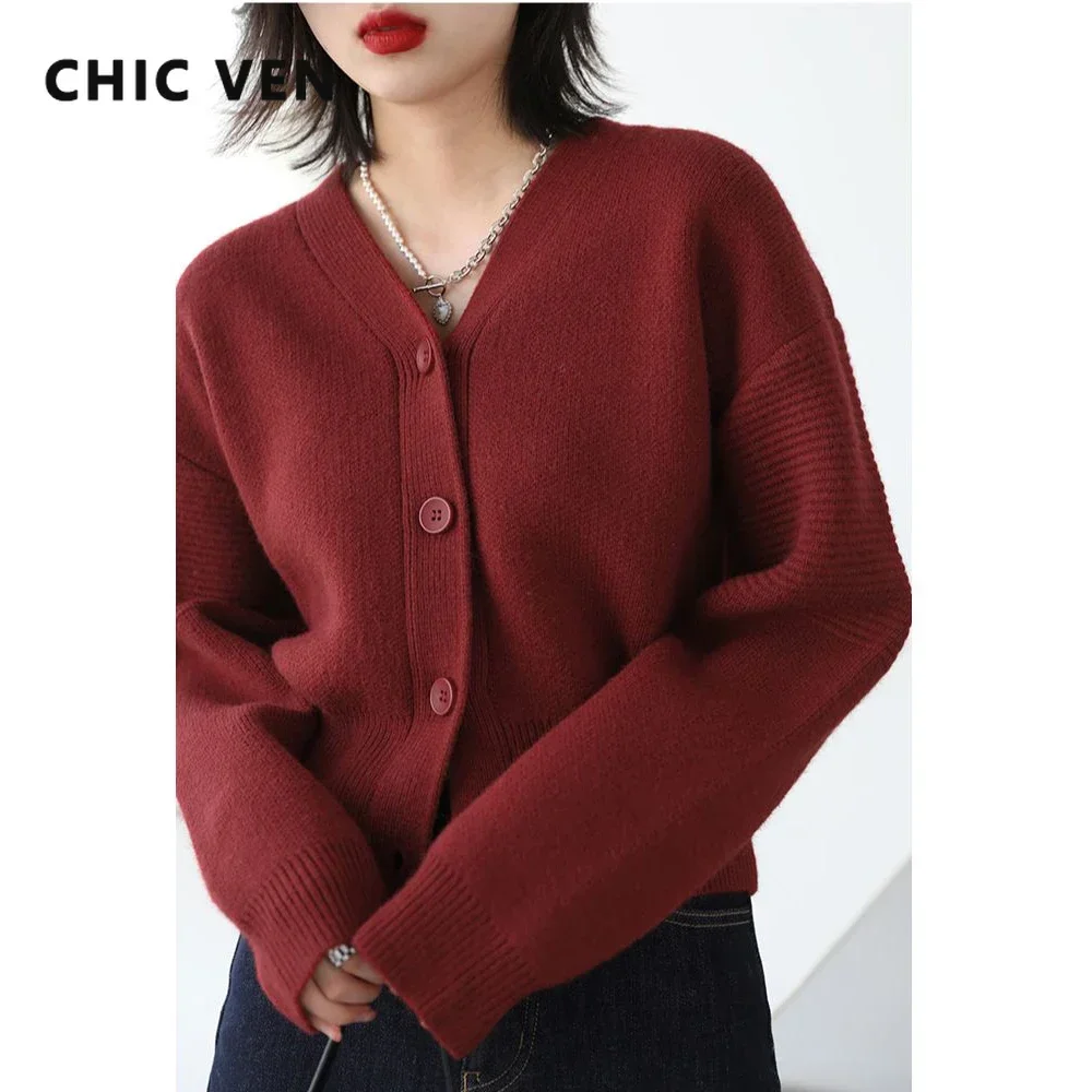 CHIC VEN Korean Fashion Women's Sweater Contracted Short V Collar Long Sleeve Cardigan for Woman Female Top Autumn Winter 2024