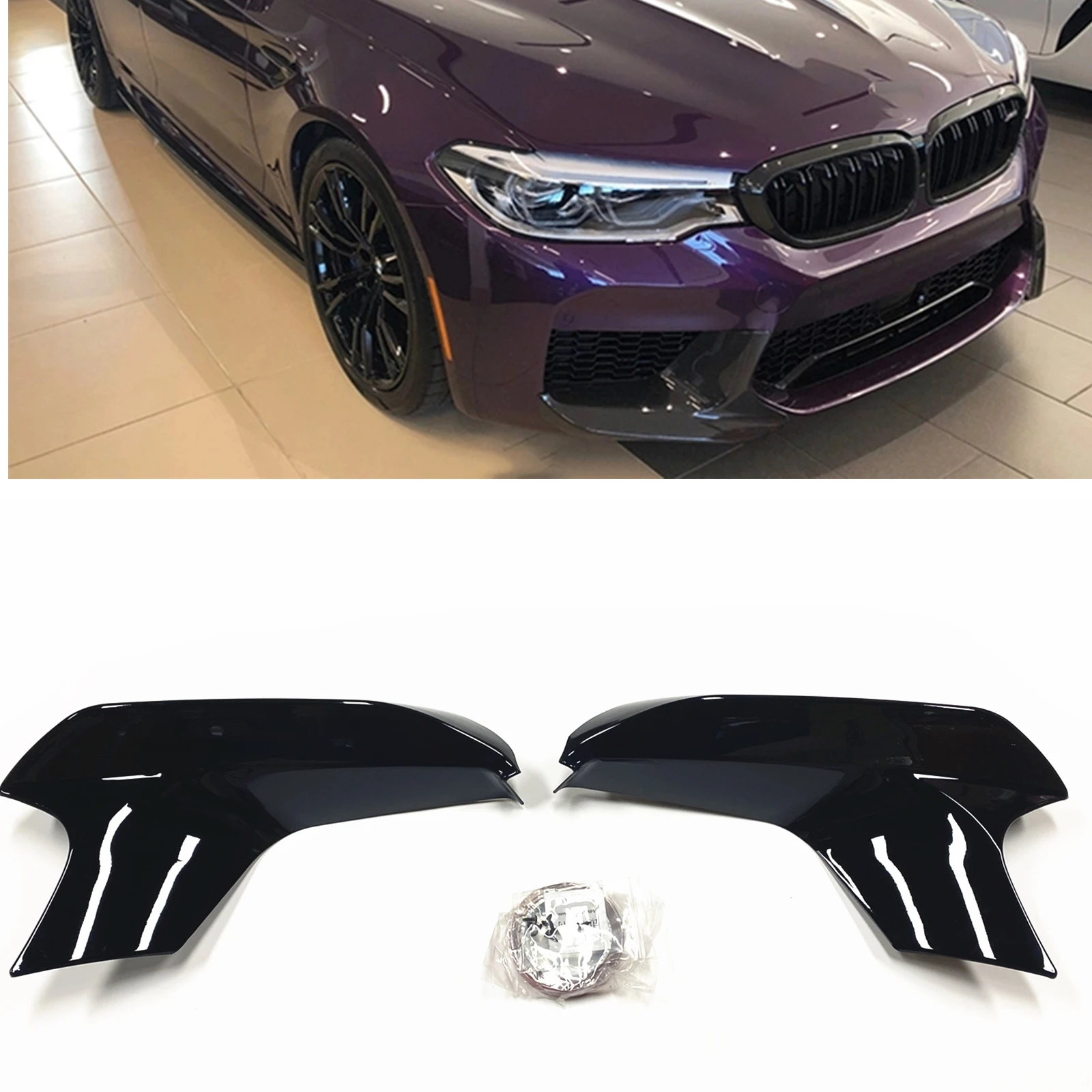 

For BMW F90 M5 2018-2022 Sedan 4-Door Front Bumper Side Splitter Cover Gloss Black/Carbon Fiber Look Lower Air Vent Spoiler Lip