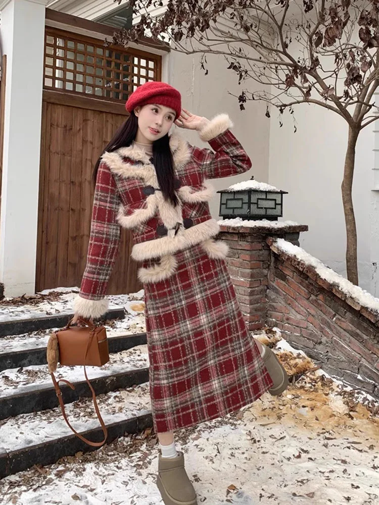 2024 Women Winter New Sweet Elegant Chinese Fashion Patchwork Plush Suit Skirt Female Plaid Two-piece Set