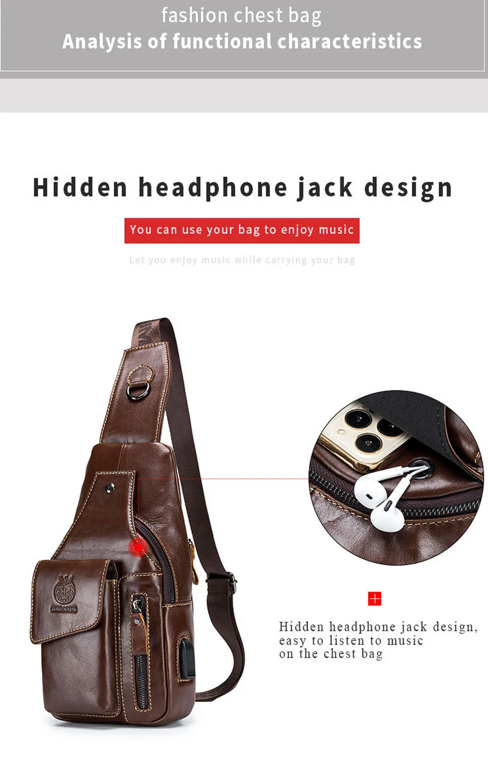 New Men Genuine Leather Chest Bag Retro USB Charging Waterproof Multifunction Crossbody Single Shoulder Day Pack Bag