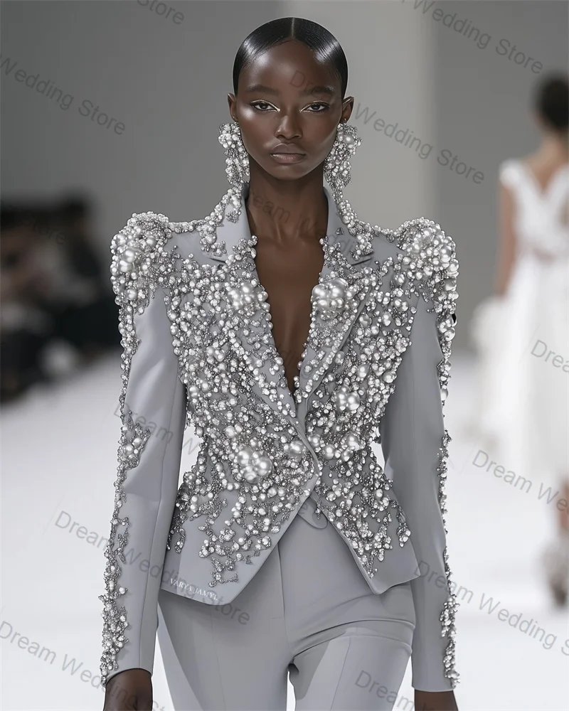

Grey Silver Women Suit Set 2 Pcs Pearls Blazer+Pants Trousers Shiny Crystals Formal Office Lady Jacket Customized Wedding Coat