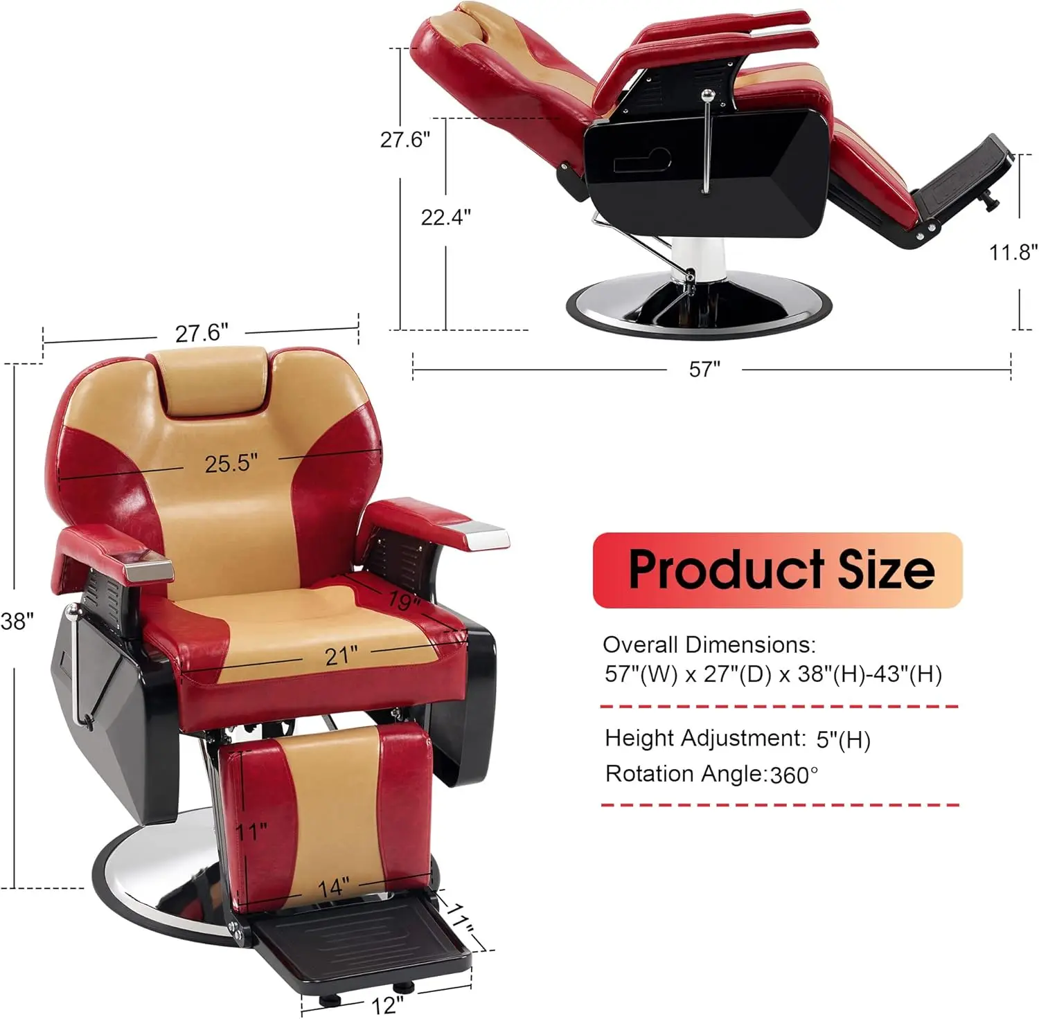 BarberPub Heavy Duty Reclining Barber Chair All Purpose Hydraulic Salon Chair for Barbershop Stylist Tattoo Chair 2688