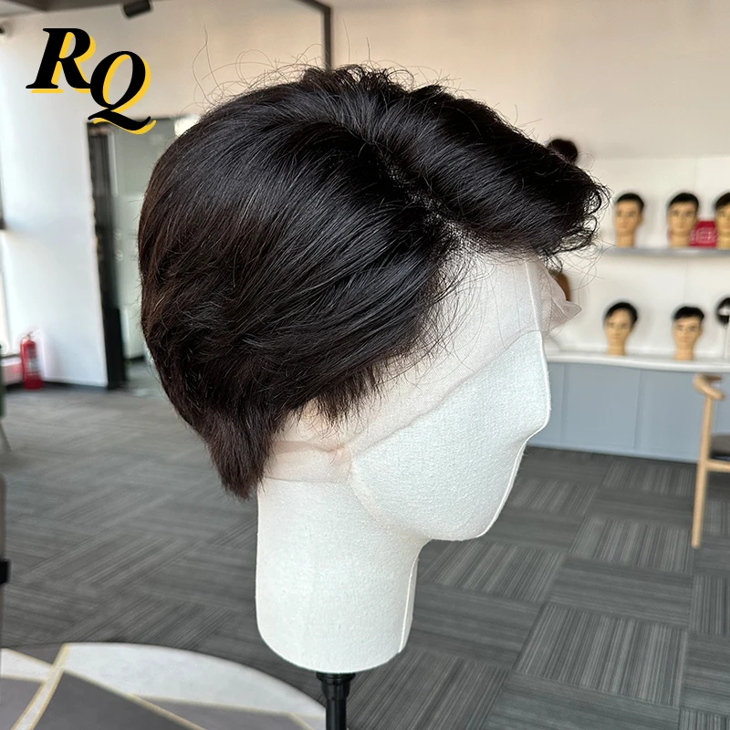 Wig laki-laki pre-styled potongan pendek Wig renda penuh untuk pria rambut palsu potongan pra-potong rambut palsu sistem pengganti rambut manusia Virgin hitam