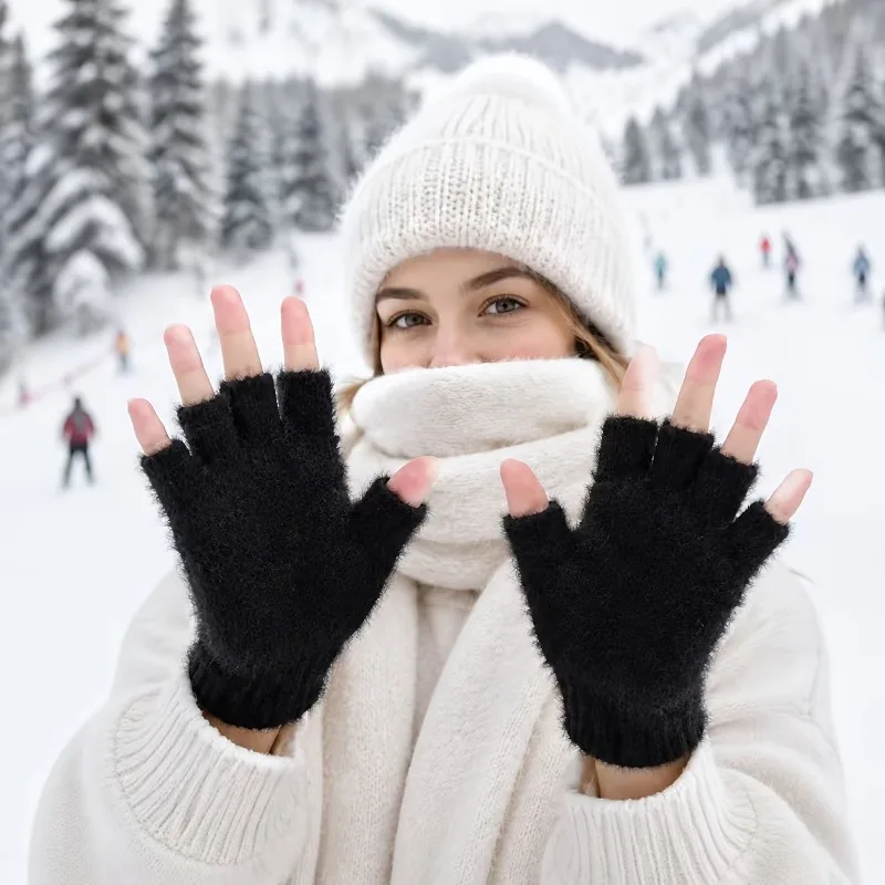 1Pair Women's Thermal Fingerless Gloves Half-Finger Elastic Warm Gloves with Exposed Thumb Suitable for Driving, Cycling