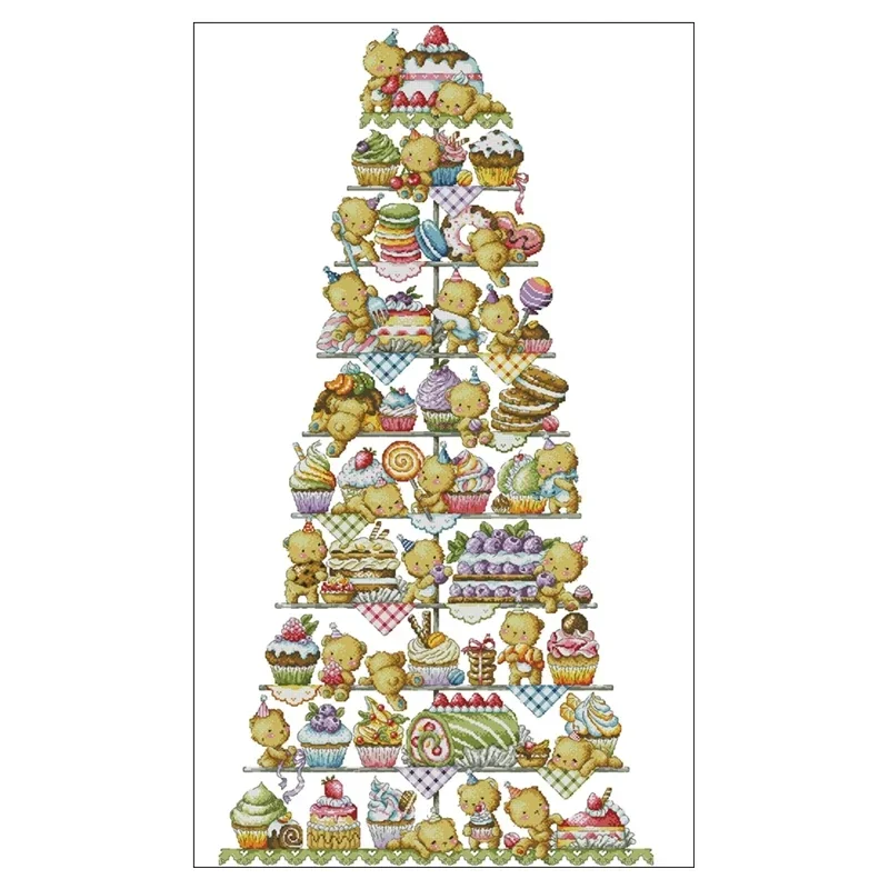 Cross Stitch Cotton Kit 18CT 14CT 11CT Precision Print Hand-Embroidered Material Pack Cartoon 10 Layer Cake Tower Bear