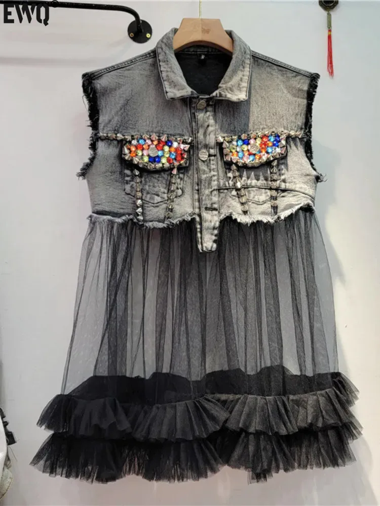 [EWQ] Distressed Grey Sleeveless Long Denim Patchwork Mesh Vest European Fashion Ladies Clothing Rivet Outerwear 2024 Summer new