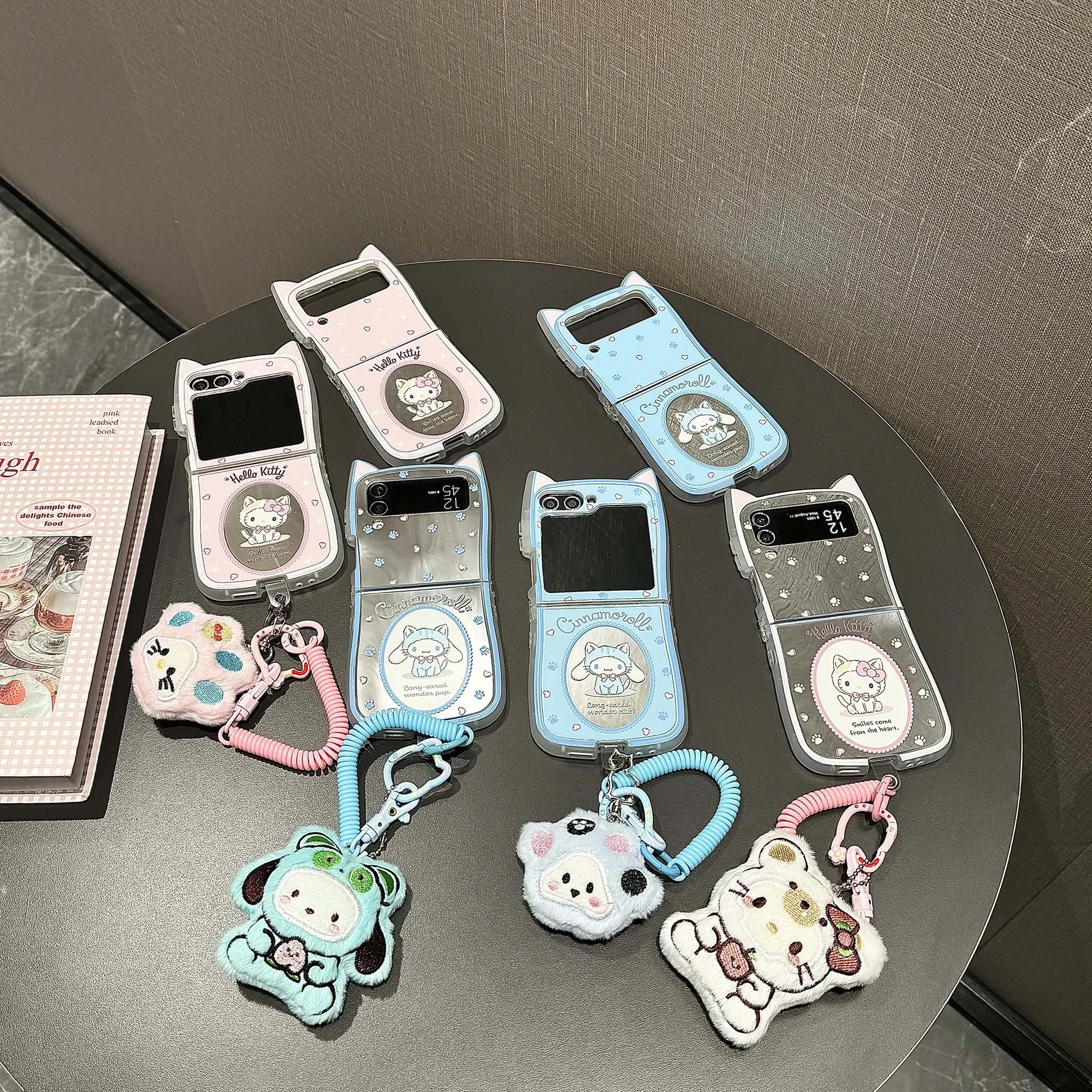 Cartoon Cinnamoroll Hellokitty with Lanyard 3D Ear Cat  Phone Case for Samsung Galaxy Z Flip 3 4 Z Flip 5 6 5G PC Back Cover