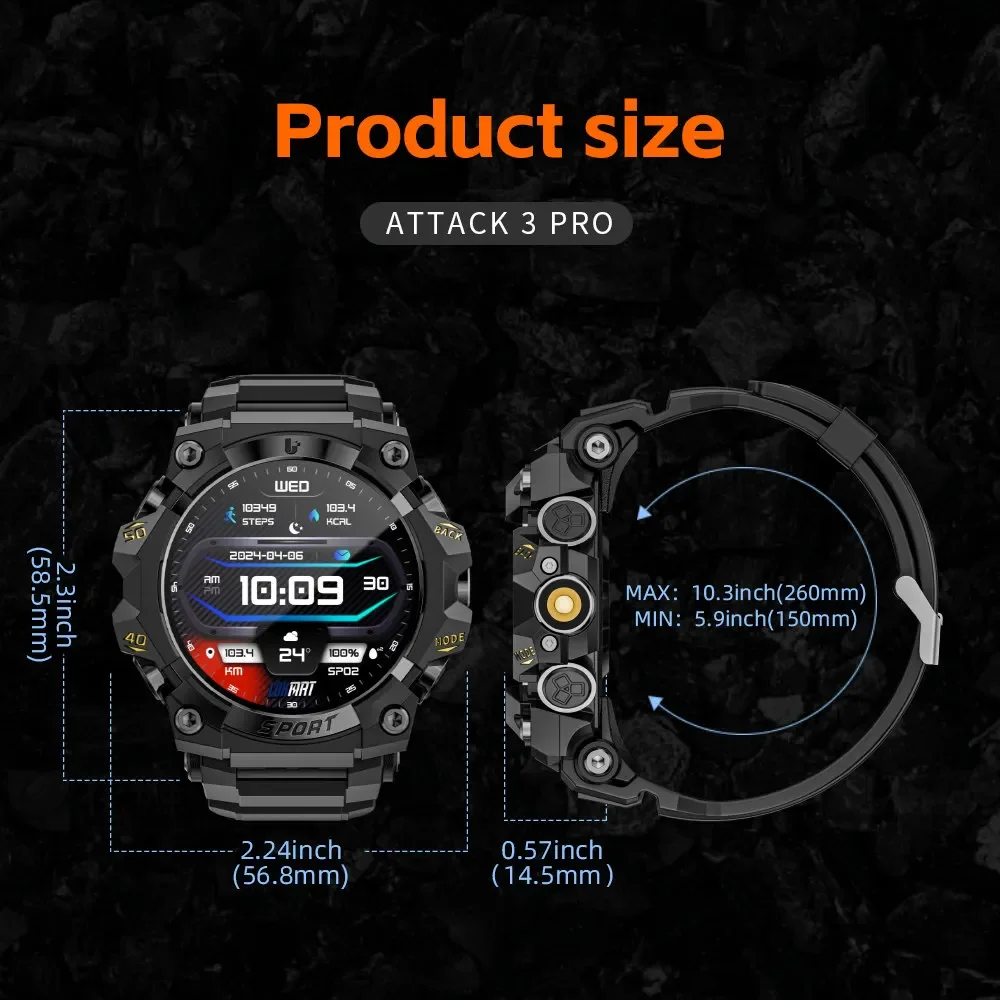 LOKMAT New ATTACK 3 PRO Rugged Smart Watch Bluetooth Calls Fitness Tracker Flashlight Message Push Heart Rate Monitor for Phone