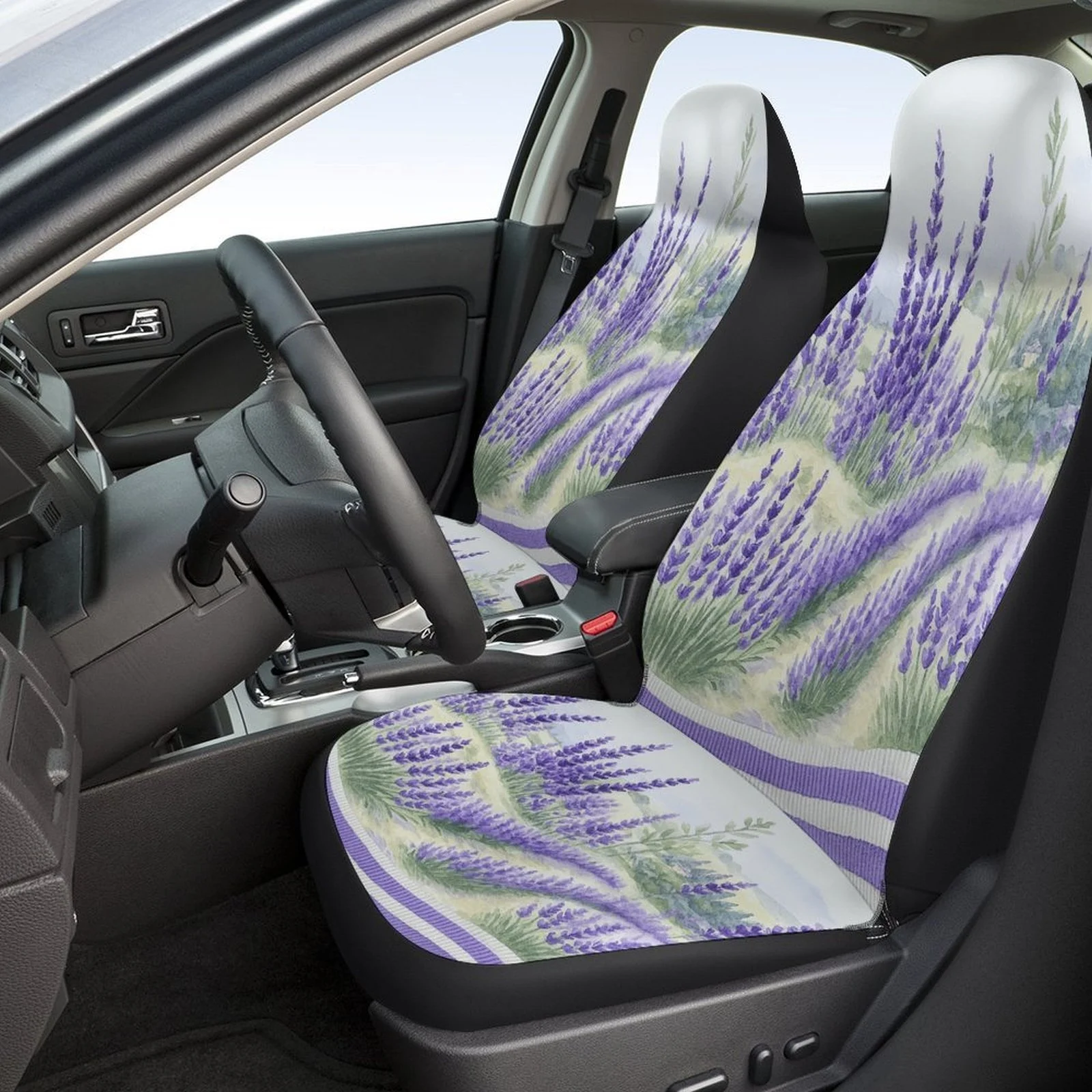 Lavender Fields Themed Car Seat Cover Set For Most Cars, Decorative Trendy High-quality Car Seat Protector Covers Full Set, Car