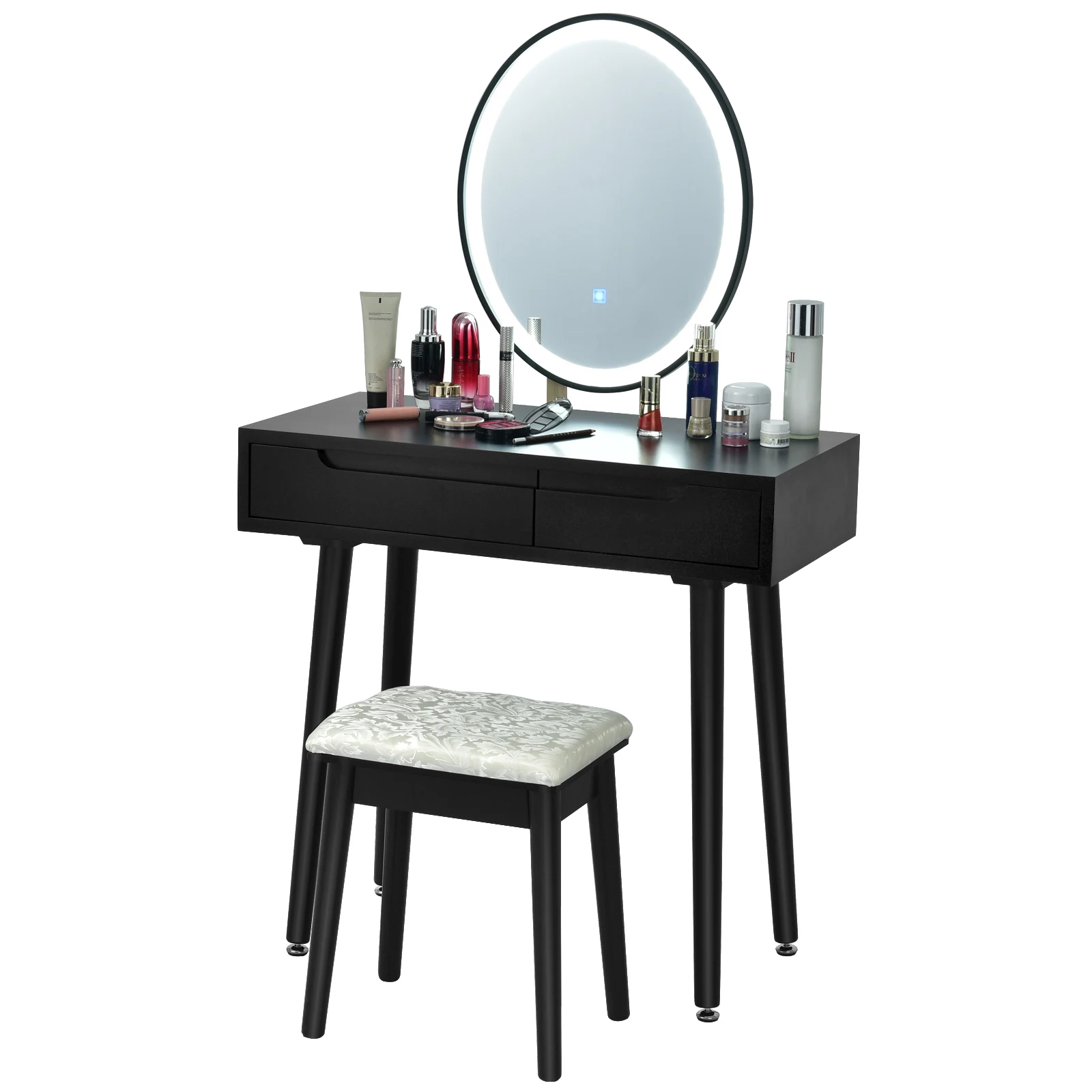 Vanity Makeup Table Touch Screen 3 Lighting Modes Dressing Table Stool Set Black