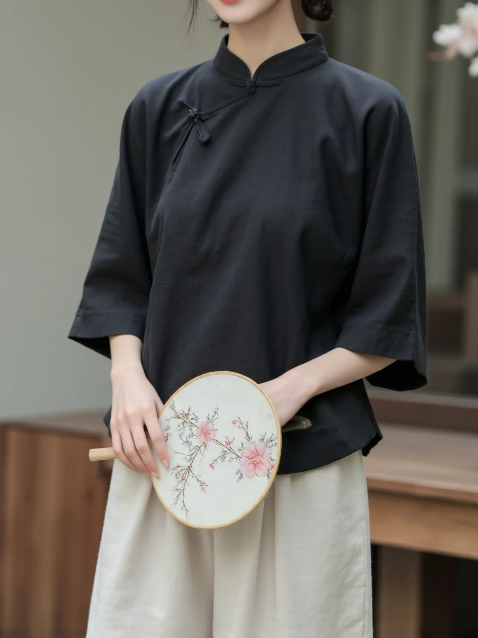 Novo chinês sle zen algodão chá traje feminino svel topo e saia conjunto tradicional qipao design com gola