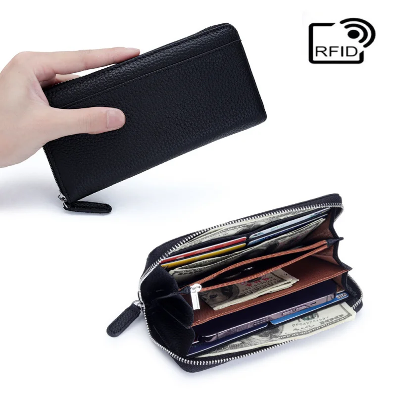 Western RFID Blocking Cowhide Leather Women Wallet Large capacity Zipper Card Holder Coin Purse for Ladies