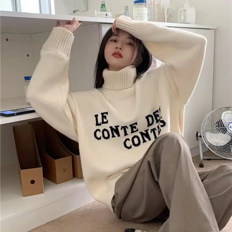 2024 Turtleneck Pullover Warm Lazy Style Loose Autumn and Winter Korean Lettered Streetwear Knitted Sweater Top Women Clothing