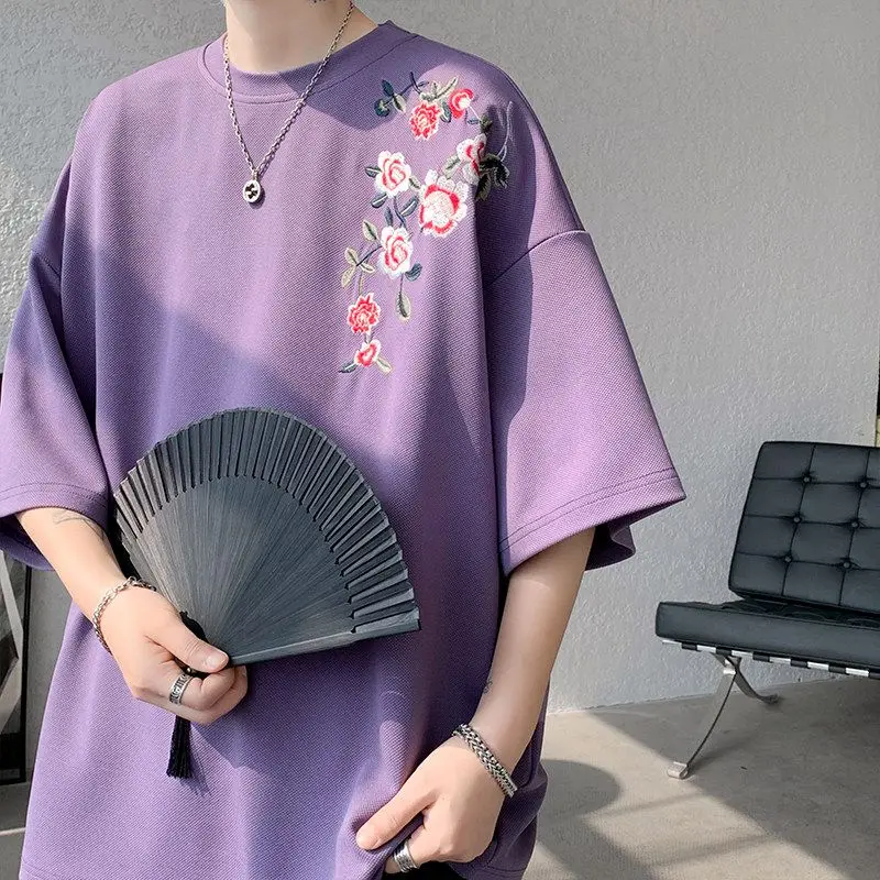 

New Chinese Style Fashion Embroidered Purple T-shirt for Men's Summer Couple Short Sleeved Plus Size Oversized Half Sleeved Top