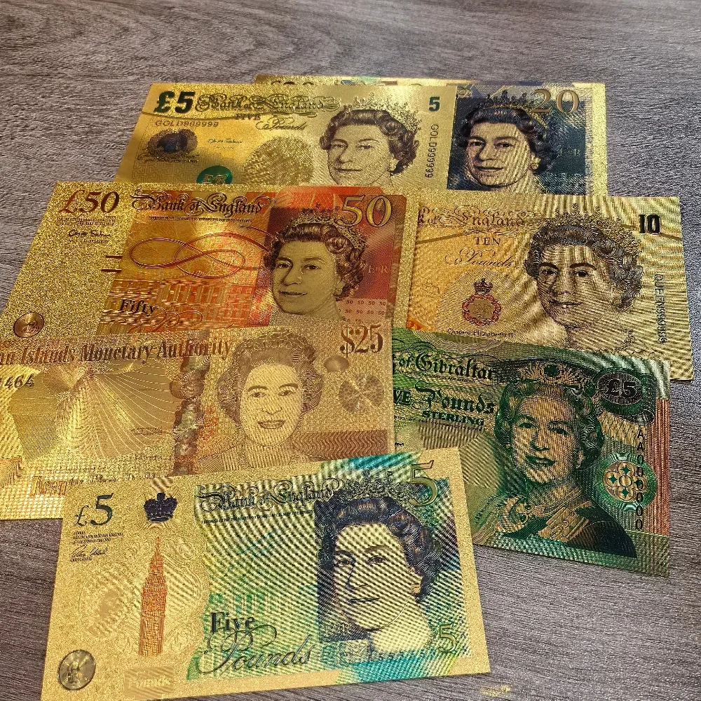 الأوراق النقدية الذهبية للملكة البريطانية عالية الجودة 5 10 20 25 50 إليزابيث ديانا تشارلز III الأوراق النقدية الذهبية الحرف الديكور هدية السفر