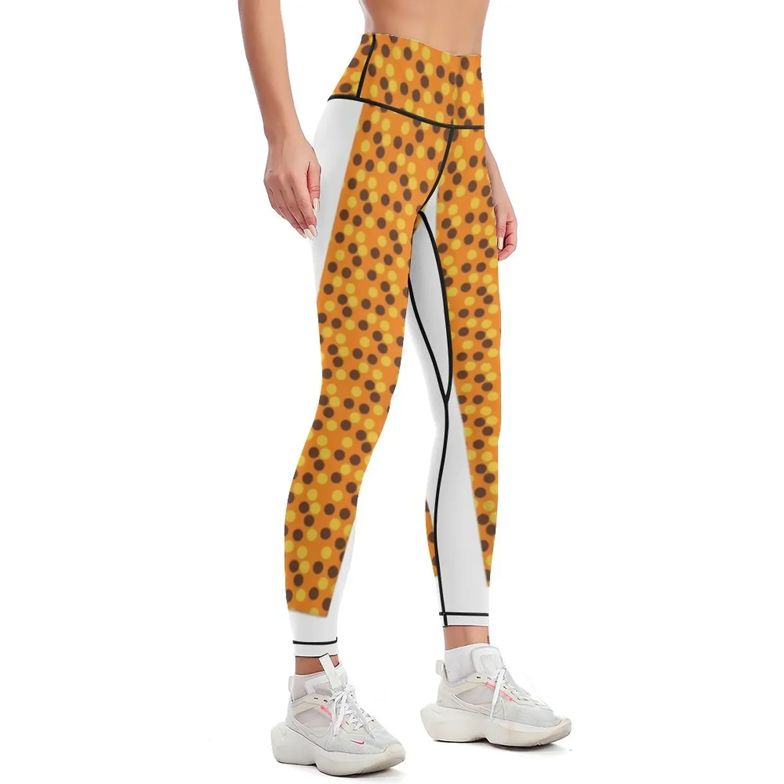 Brown, yellow Polka Dots on Orange Background Leggings harem pants Women's sportswear gym womans trousers Womens Leggings