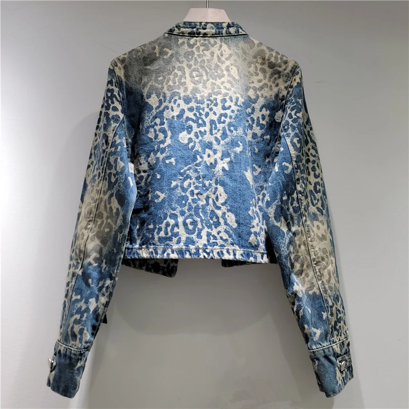 Vintage Print Short Denim Cardigan Jacket Stand Collar Multi-Row Buttons Decoration Long Sleeve Jeans Jacket Female Streetwear