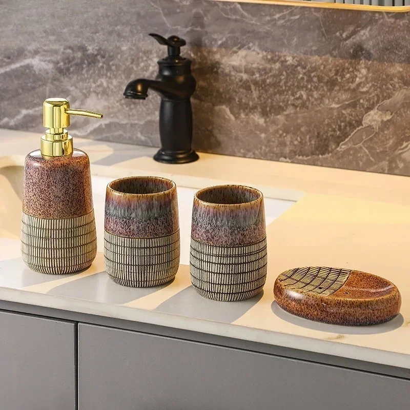 

Bathroom Accessories Retro Kiln Pattern Ceramics Hand Sanitizer Bottle Drain Soap Dish Mouthwash Cup Bathroom Set Four-piece Set