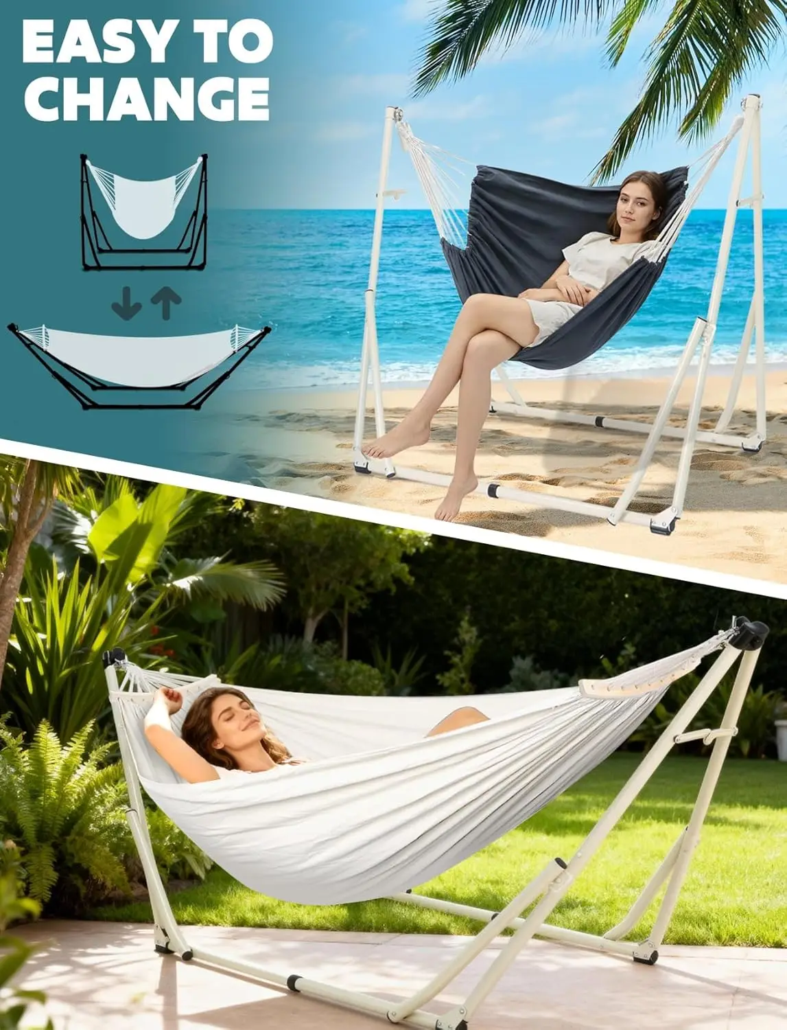 2-in-1 Hammock and Swinging Chair with Folding Steel Stand and Travel Bag, Portable and Height-Adjustable, Effortless Setup for Indoor, Outdoor, Porch, Patio, Garden, Camping - view 2