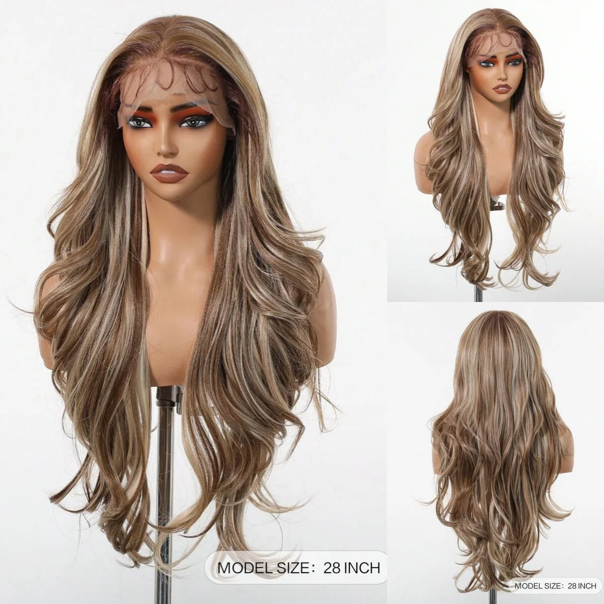 13x6 HD Body Wave Lace Front Wig Brown Highlight Blonde Hair Synthetic Wig With Baby Hair For Women Preplucked Lace Glueless Wig