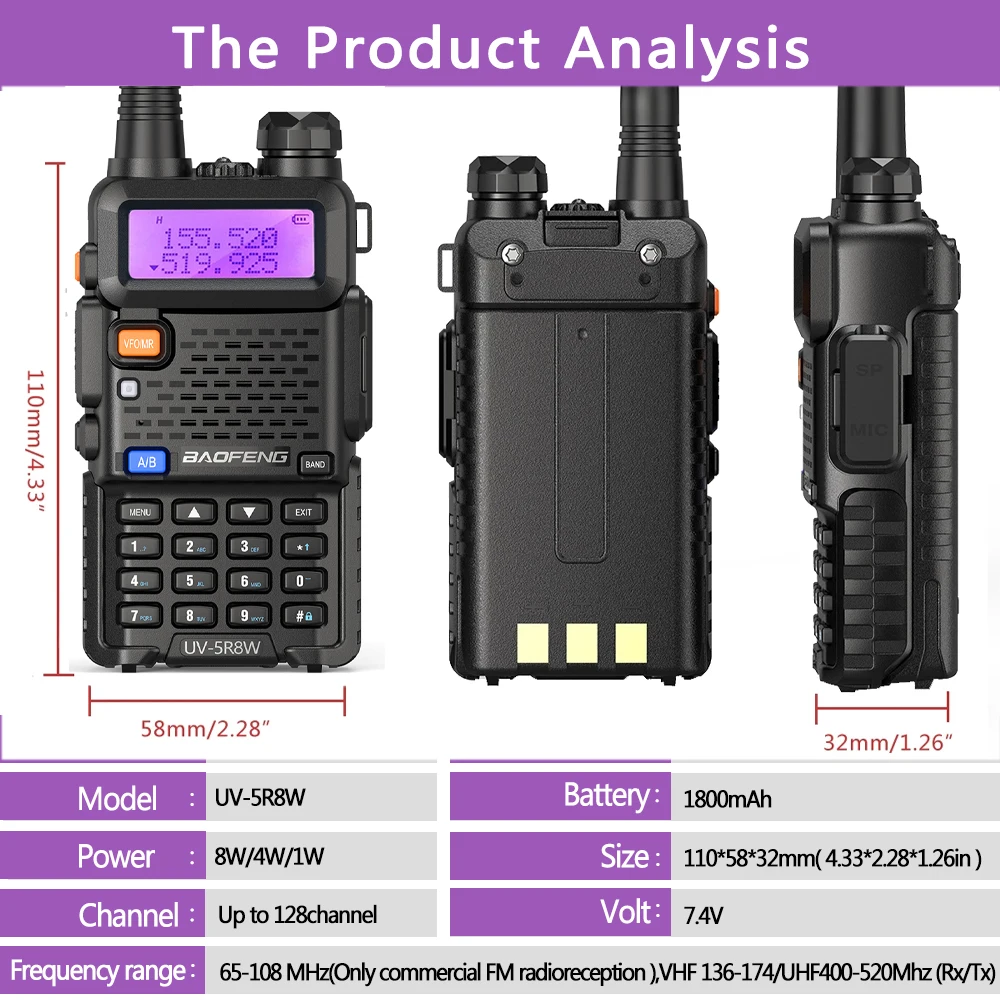 วิทยุสื่อสาร UV Baofeng 5R 5W 8W Dual Band HAM สองทางวิทยุ VHF UHF UHF FM มือถือล่าสัตว์16กม.