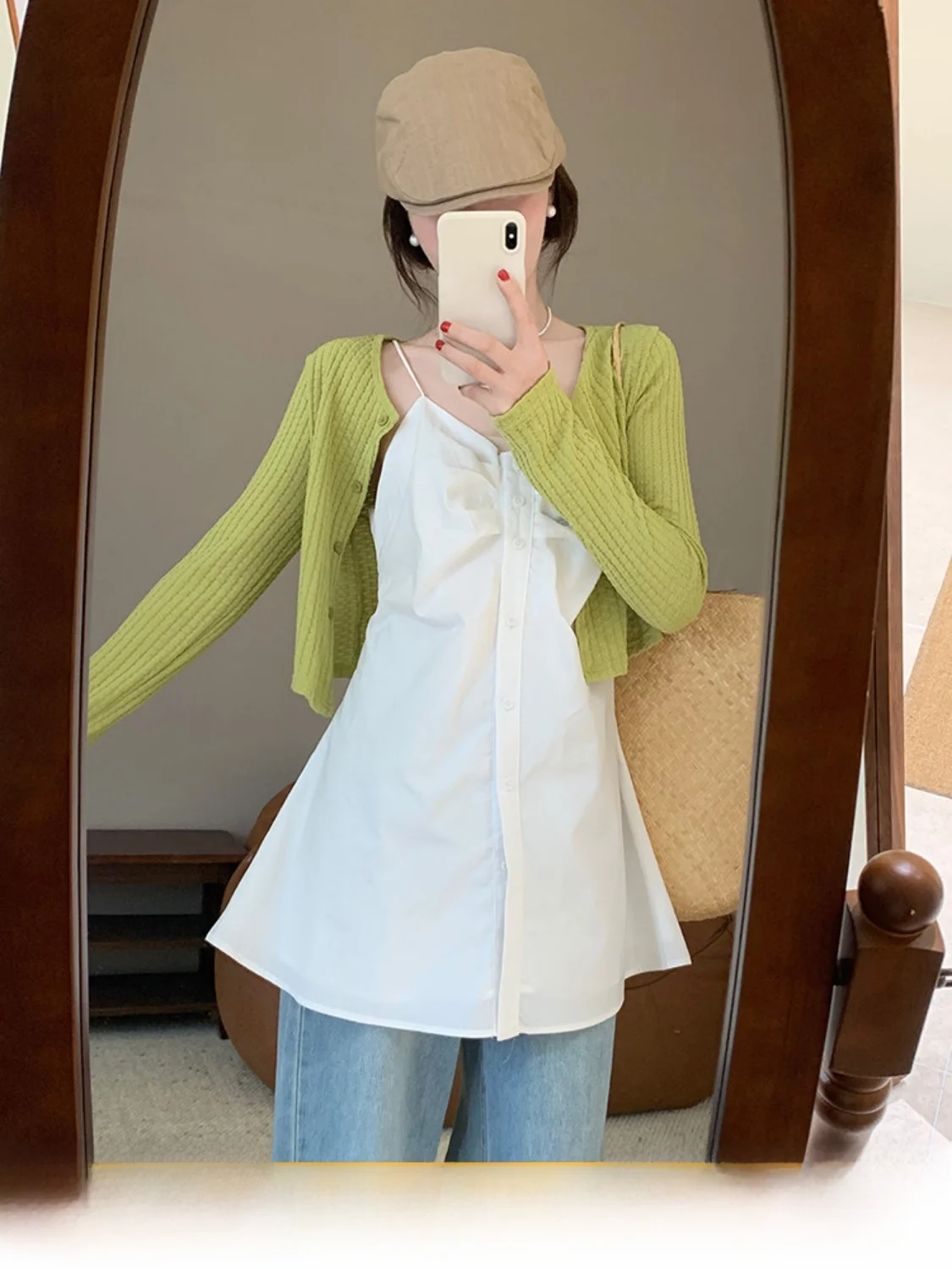 

Sweet Style Women's Two-Piece Set Short Top Slimming Waist Design Korean Version Spring Fashion Casual Cotton Blend