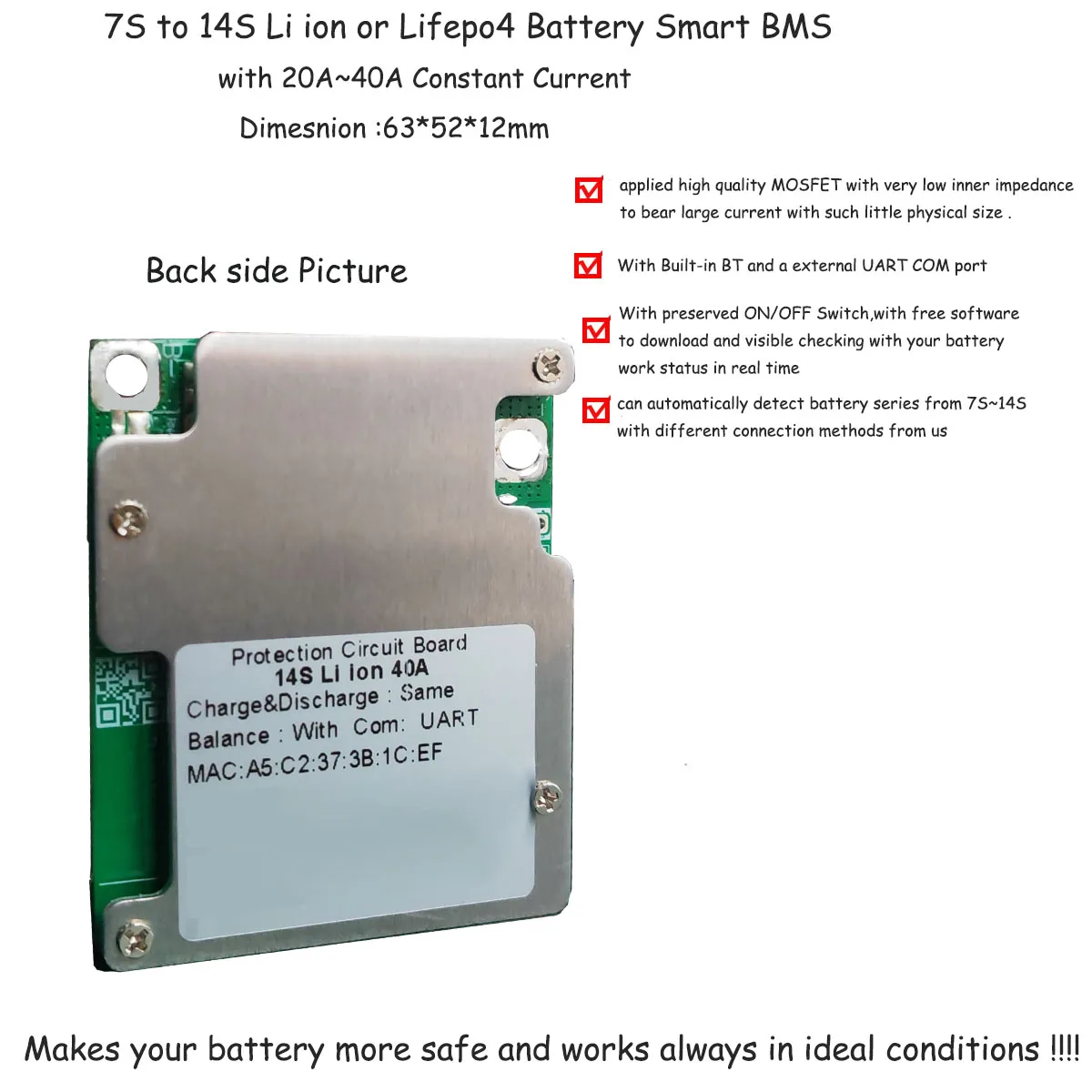 7S 8S 9S 10S 11S 12S 13S 14S Smart Bluetooth BMS with UART Communication for 24V 36V 48V Lithium ion or Lifepo4 Battery