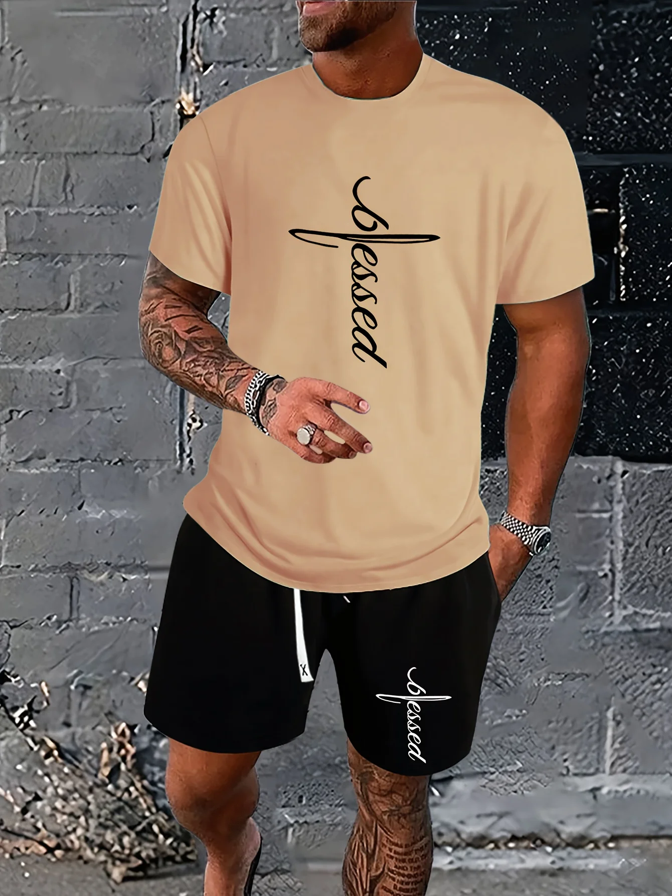 Oversized Men's Fashion Cross Print T-Shirt and Shorts Set Breathable Athletic Shorts with Side Pockets and Elastic Waistband