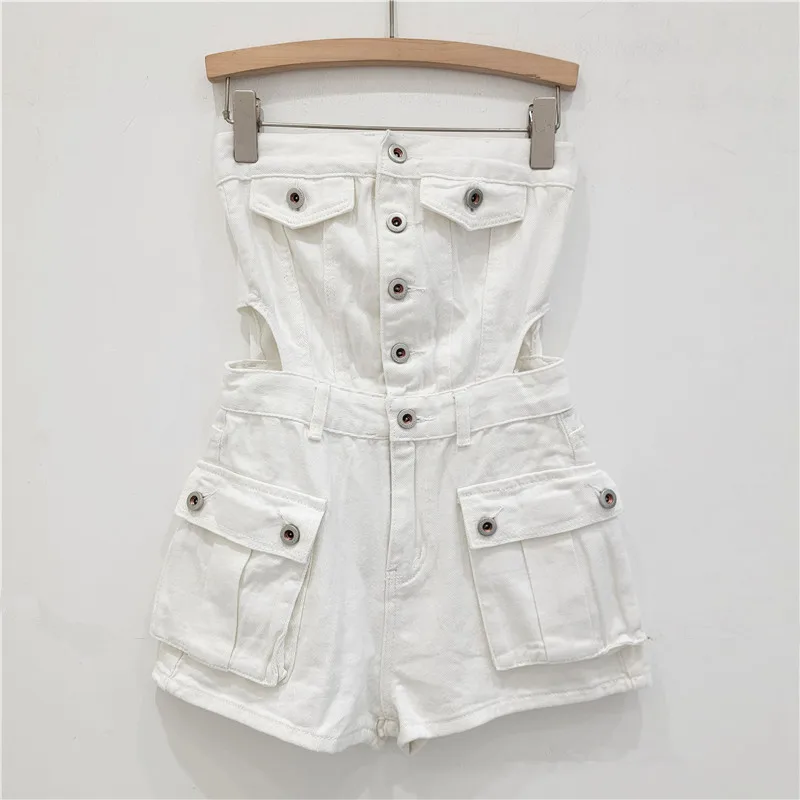 Women's Denim Jumpsuit Shorts - Summer Fashion A-Line Wide Leg Overalls with Button Details, Trendy Workwear Style