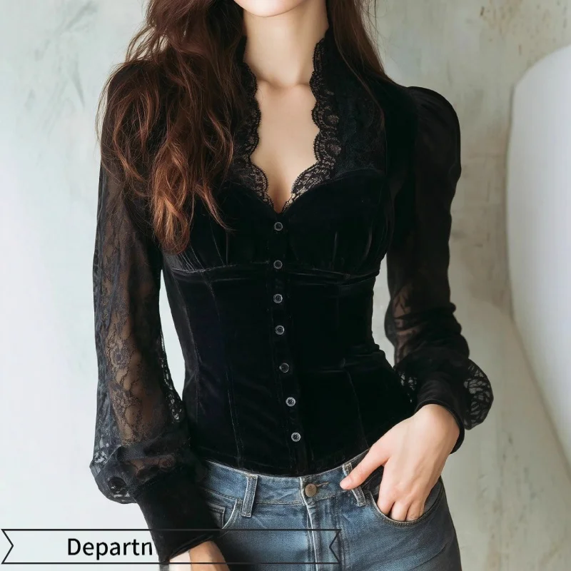 

Женская блузка Ele V-ne с кружевными вставками, сексуальный топ Pure Desire, с длинными рукавами, из ветрозащитной бархатной ткани, модная