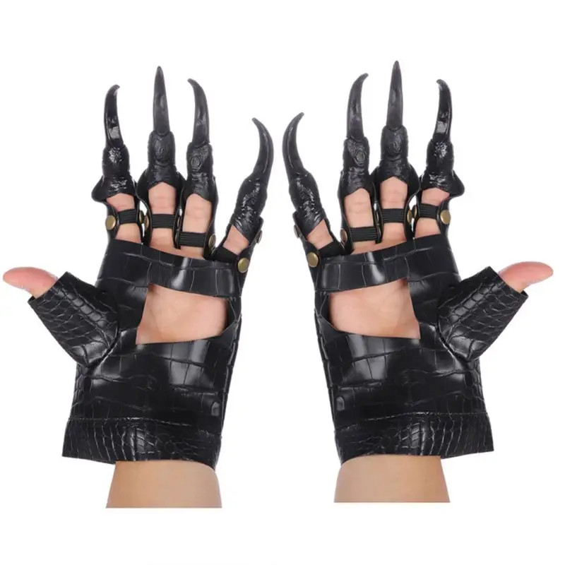 Unisex Gothic Punk Halloween Dragon Claw Gloves Metal Studded Long Finger Nail Faux Leather Mittens Cosplay Costume