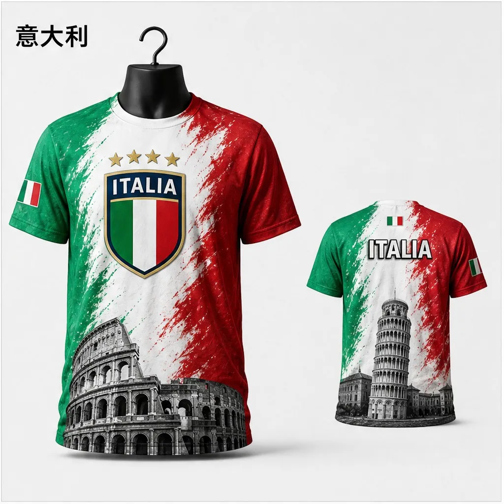 Mens Italy Round Neck T Shirt Tricolor Splash Crest Colosseum Pisa Print Short Sleeve Casual Graphic Tee Streetwear Casual Style