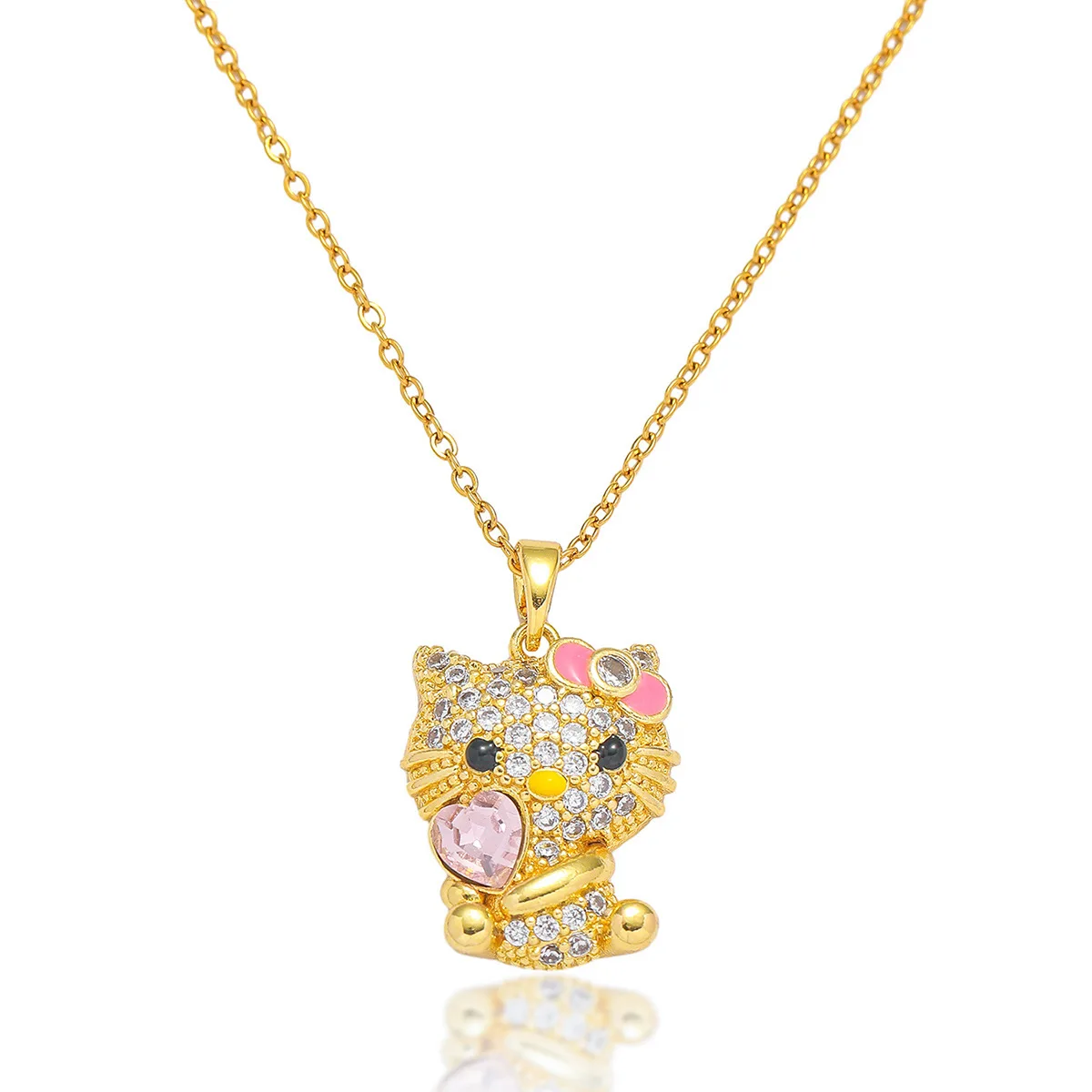 Gold Color Cute Shiny Zircon Hello Kitty Pendant Necklaces for Women Girls Pink Heart Crystal Charm Stainless Steel Jewelry Gift