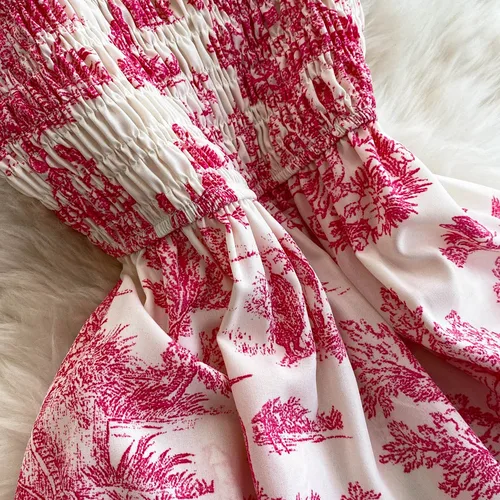 Imagen 2 del producto 2025 nuevo verano Rosa/púrpura estampado de flores romántico Retro Vestido de fiesta elástico de cintura alta Vestido largo de vacaciones Vestido de playa