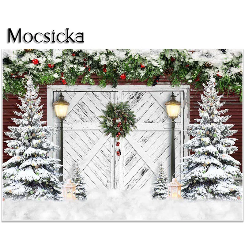 Mocsicka Winter Photography Backdrop White Wooden Rustic Doorway Street Light Background for Portrait Photo Studio Props Banners