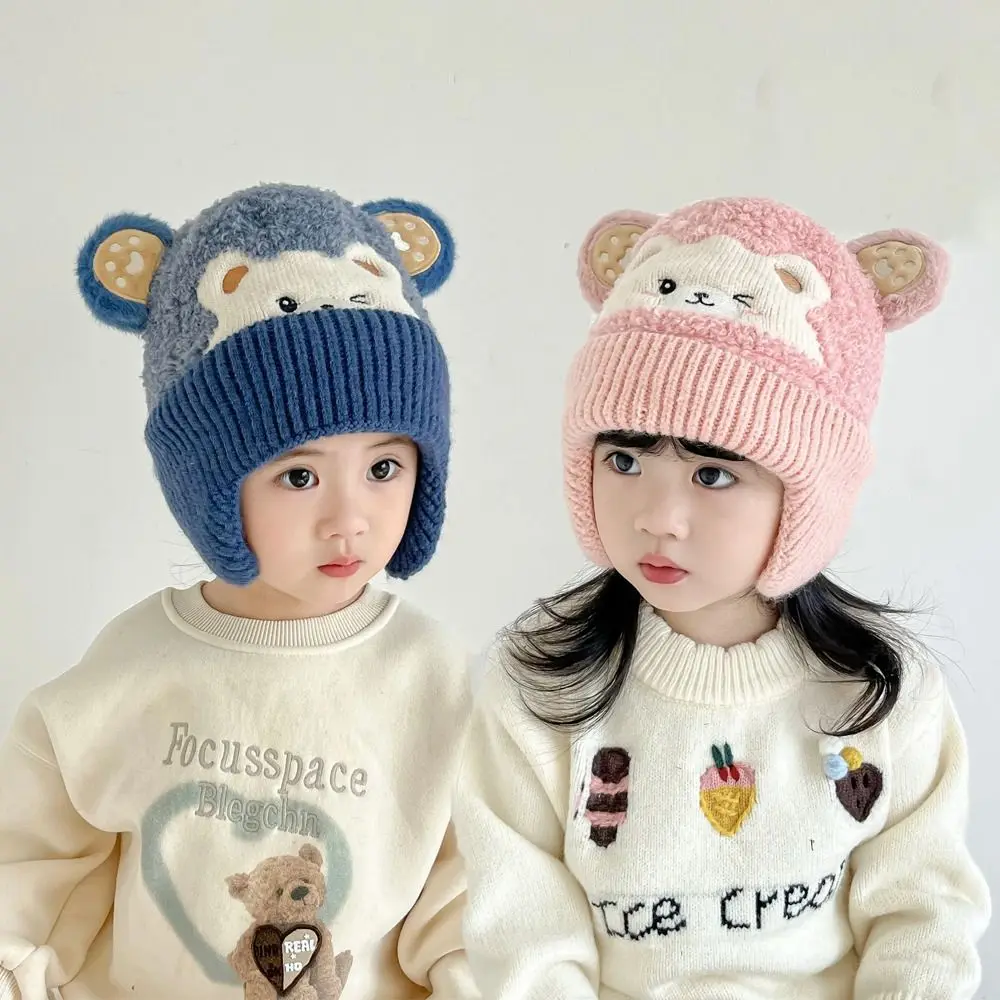 

Hot Sale Cartoon Bear Baby Beanie Caps Ear Protection Cute Pompom Bonnet Hats Knitted Pullover Cap Keep Warm