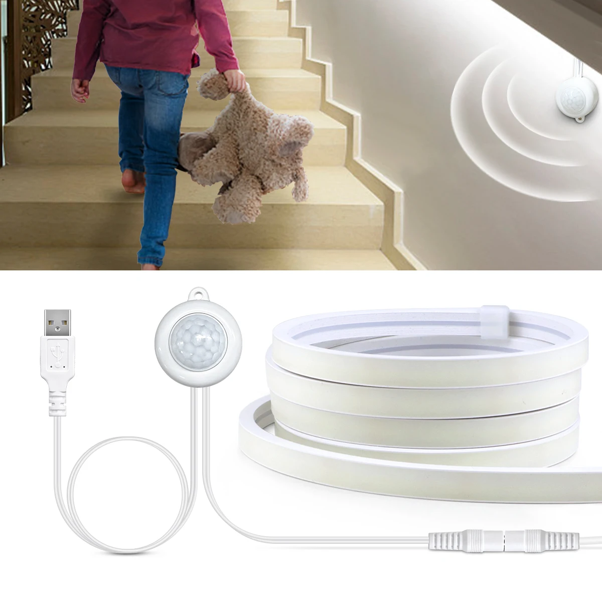 Bande Lumineuse LED Néon avec Capteur de Mouvement PIR, Flexible, Étanche, pour Chambre à Coucher et Escaliers, DC 5V, USB, 1-5m