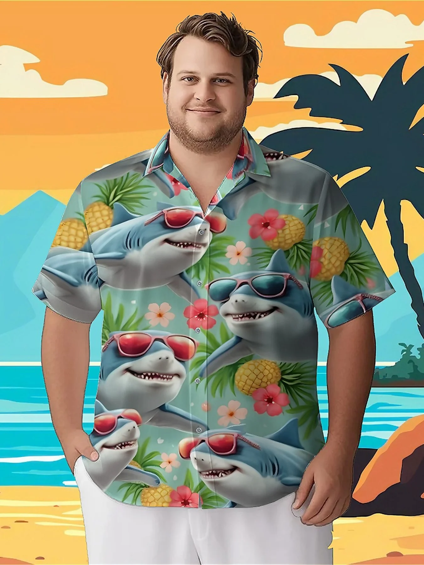 

Men's Plus Size Hawaiian Shirts Tropical Shark Party pattern, Summer Casual Tops, Suitable for Outdoor and Party, Streetwear