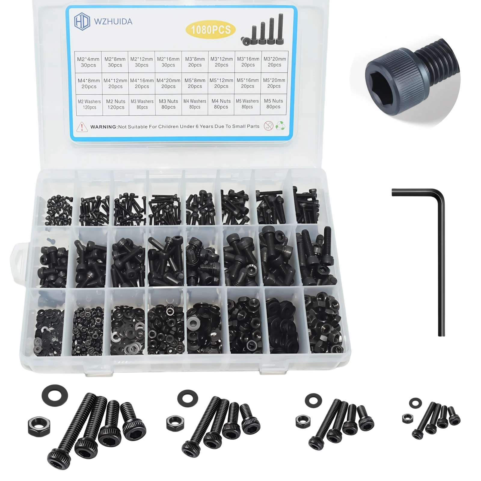 

1080 Pcs Black Metric Hex Socket Head Cap Screws Kit M2 M3 M4 M5 Sizes with Nuts Washers And Wrenches Grade 12.9 Alloy Steel